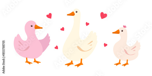 Cute goslings, for Valentine's Day, playful and fluffy, soft pastel colors, hand drawing style, for greeting cards, nursery decor or children's designs, vector