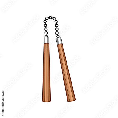 Nunchaku, two wooden sticks linked by a metal chain, martial arts weapon and training tool symbolizing self defense, combat practice, discipline and traditional asian fighting arts