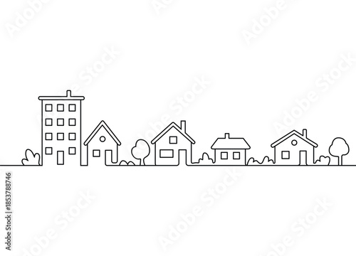 Minimalist Line Art Houses and Trees in a Cityscape Illustration