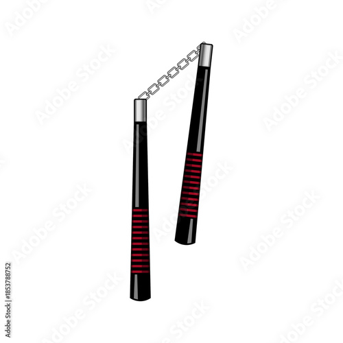 Nunchaku showing two wooden or plastic sticks connected by a metal chain, used as a traditional okinawan martial arts striking weapon for training and self defense