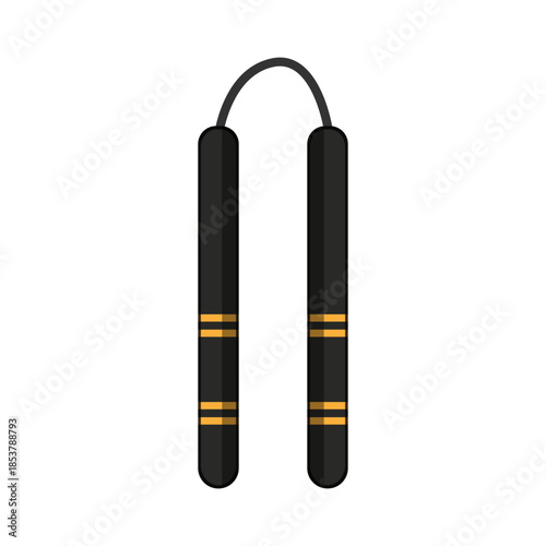 Nunchaku vector illustration depicting a traditional okinawan martial arts weapon, featuring two black sticks connected by a chain, with yellow decorative bands
