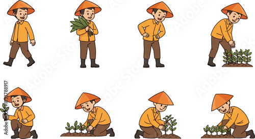 Asian farmer character set in conical hat planting crops, harvesting vegetables, and working in agriculture field vector illustration for gardening.