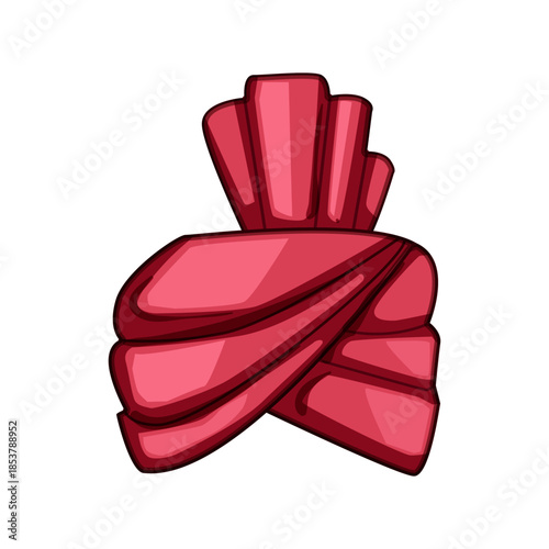 Red indian turban representing cultural tradition, wedding ceremonies, and celebratory events, wrapped with intricate folds and textures on a white background