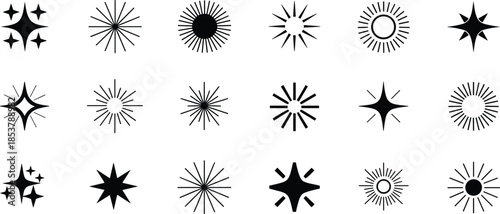 Set of Starburst and Sparkle Icons in Black and White Silhouette Keywords: star, sparkle, burst, sun, shine, light, abstract