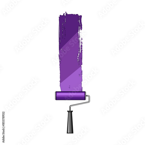 Paint roller creating a textured vertical stripe of purple paint, illustrating concepts of home improvement, decoration, renovation, and creative artistic expression on a white background