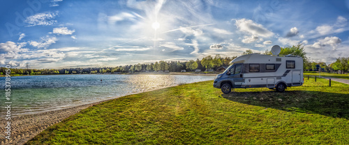 Canvas Print Camper Van Parked by Lake Eersel on Sunny Day