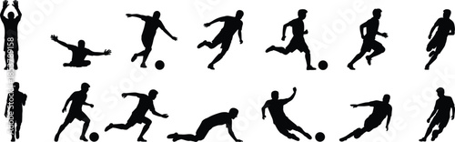Silhouettes of Soccer Players in Various Poses on White Background Keywords: soccer, football, player, silhouette, action, sport