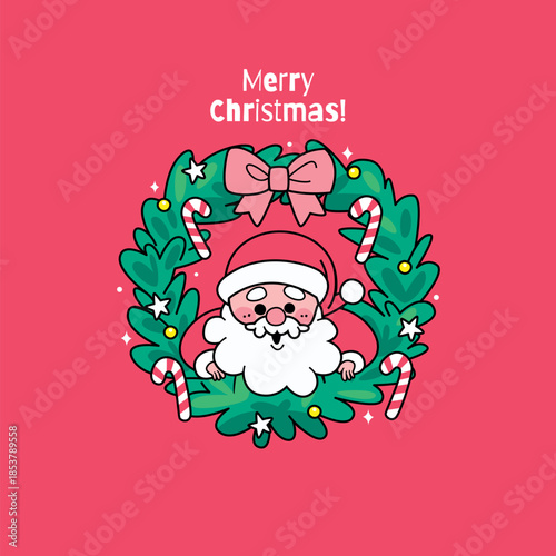 Cute Christmas characters wreath  in flat design