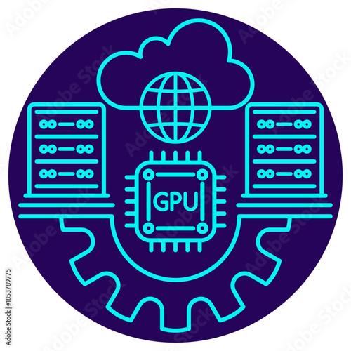 Machine Learning Infrastructure and Computing Icon. Minimalistic neon outline on a dark blue round background. Vector illustration of a central GPU chip connecting to server stacks