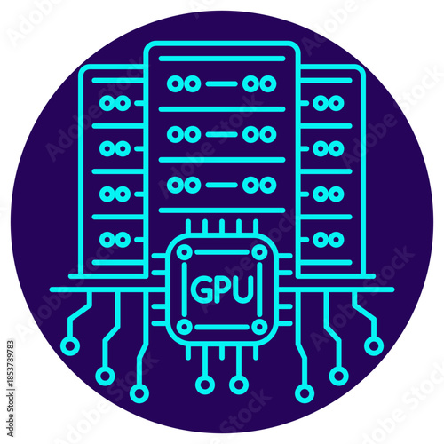 AI Acceleration Icon. Minimalistic neon outline on a dark blue round background. Vector illustration of a central GPU chip connecting to three server racks, symbolizing high-performance computing HPC