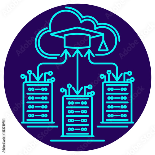 Cloud AI Training Icon. Minimalistic neon outline on a dark blue round background. Vector illustration of an academic cap (trained model) within a cloud, receiving data streams from three server racks