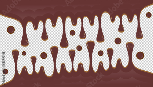Hot chocolate drip illustration. Melting chocolate on transparent background. Drippy ice cream vector design. Wavy choco melt border. Brown chocolate drips illustration.
