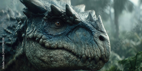 Dinosaur explores primeval forest in a dramatic movie scene