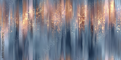 Abstract blurred background with vertical lines and glowing bokeh lights in blue and gold tones creating dreamy and elegant atmosphere with soft texture and depth