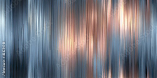 Abstract vertical lines background with blue and rose gold gradient colors creating blurred metallic texture effect, stylish modern design with soft light reflections and smooth pattern