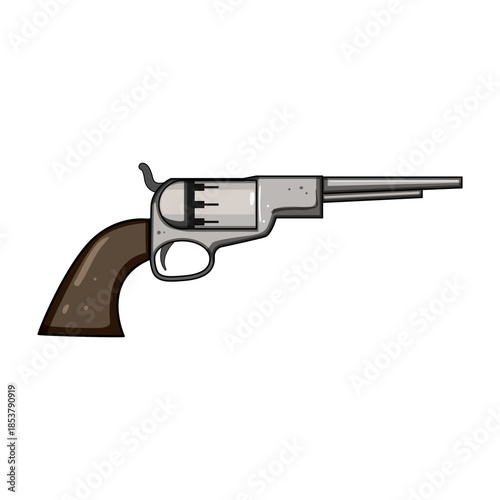 Old style single action revolver with long barrel and wooden grip on white background, vintage firearm symbolizing self defense, crime, law, wild west history and danger