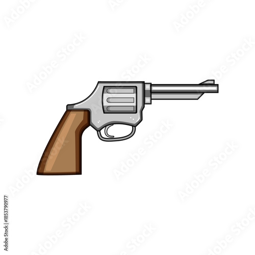 Classic style revolver with grey metal frame and brown wooden grip, isolated on white symbol of law enforcement, security, self defense and firearm concept