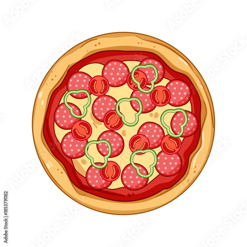 Hot pepperoni pizza presenting a delicious arrangement of salami, sliced tomatoes, and green bell pepper on a round crust, perfect for italian food concepts