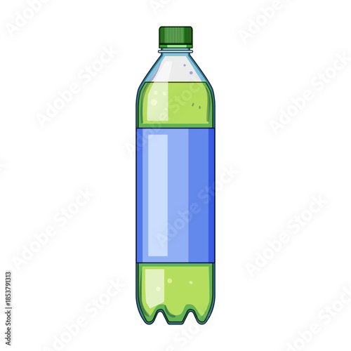 Plastic soda bottle filled with a sparkling green carbonated beverage, featuring a blue blank label and a green screw cap, isolated on a white background