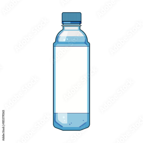 Clear plastic bottle with a blue ribbed cap and an empty label, containing refreshing drinking water, representing hydration, health, and a simple beverage container
