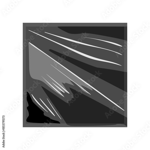 Glossy plastic film wrapped over a square album sleeve, sealed and reflective in monochrome style, showcasing vinyl packaging protection, shine, shadow and vintage graphic appeal