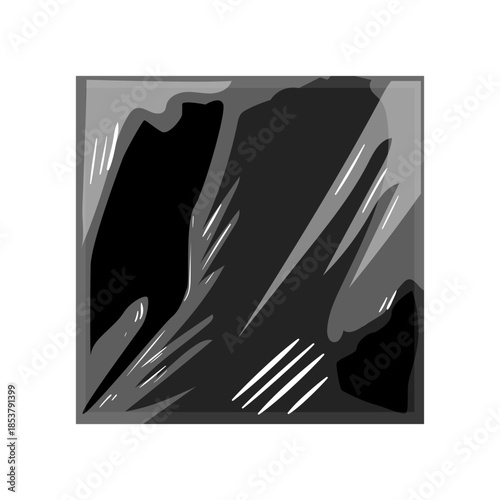 Square vinyl album cover sealed in glossy cellophane wrap, featuring crinkled textures and reflective creases that emphasize newness, protection and retail ready packaging