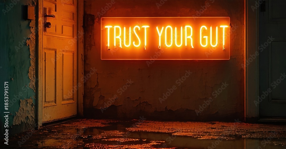 Fototapeta premium Dim hallway features neon sign reading trust your gut. Wet floor reflects light, creating dramatic mood. Walls show wear.