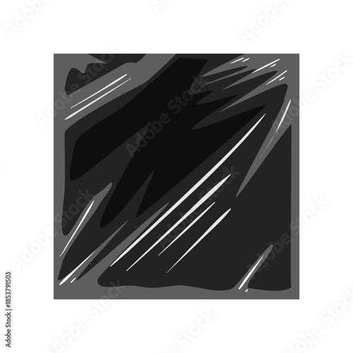 Abstract illustration showing a dark compact disc or vinyl record album cover protected by transparent plastic wrap, indicating newness, security, and integrity of the product