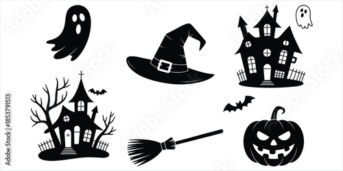 Black Silhouettes of Halloween Icons Including Haunted Houses and Pumpkin spooky scary