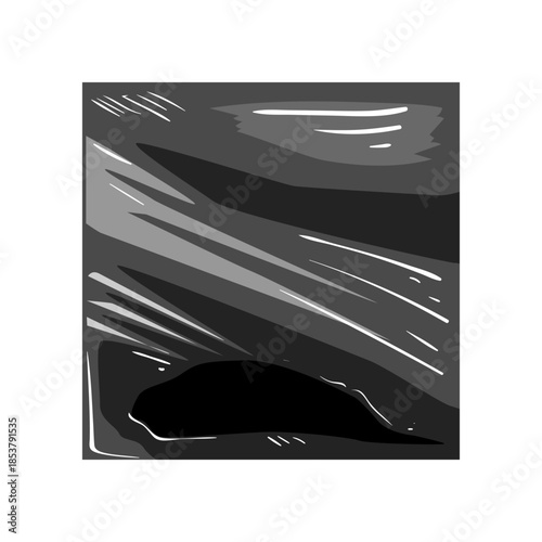 Plastic wrap covering an unidentified square object, creating a textured surface with shiny highlights and a dark, abstract shape underneath, symbolizing protection, newness, and anticipation