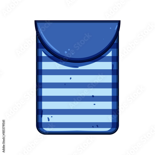 Blue striped pocket illustration with alternating light and dark blue horizontal lines, smooth rounded top flap and empty interior, flat vector icon on white background for apparel use