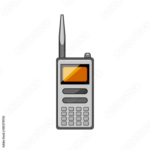 Walkie talkie communication device illustration presenting a portable radio transceiver for wireless connection and broadcasting messages in professional or emergency settings