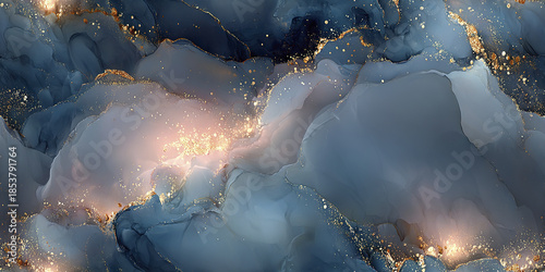 Abstract blue gold background with glowing light spots and fluid marble texture creating luxurious and elegant atmosphere with soft blending and sparkling details
