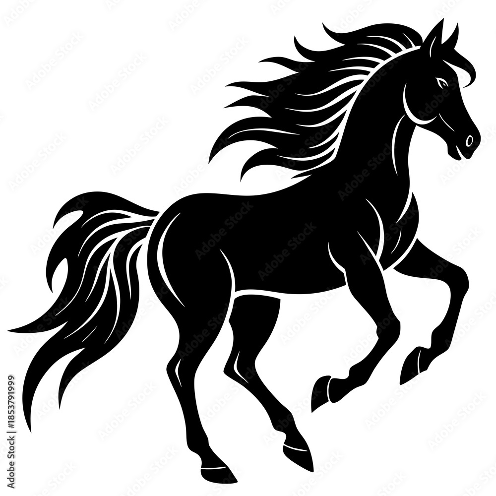 Obraz premium Black silhouette of a galloping horse with flowing mane and tail 1