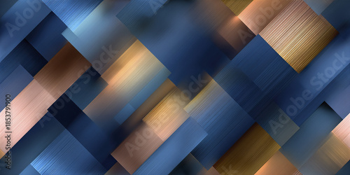 Abstract geometric pattern with overlapping rectangles in blue, gold, and copper tones creating modern metallic texture and stylish background with blurred effect