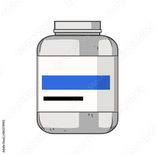 Supplement jar featuring a blank white label with blue and black fields, ideal for illustrating concepts related to bodybuilding, health, fitness, and nutritional products