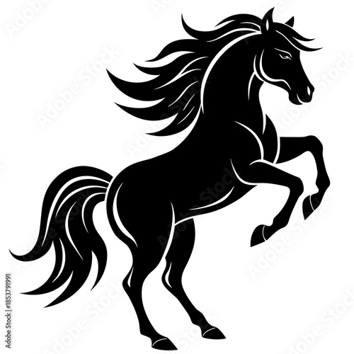 Black horse silhouette rearing on hind legs with flowing mane and tail