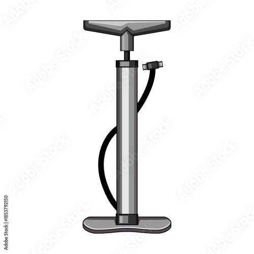 Bicycle floor pump for inflating tires and routine maintenance, ideal for cycling, commuting and fitness simple studio cutout illustration of pump, hose and valve