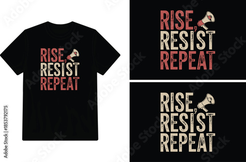 Black t shirt mockup displaying a bold rise resist repeat graphic design