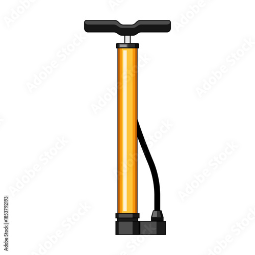Portable orange and black hand pump with hose, handle and base for inflating bicycle tires and other inflatables, compact, mechanical device for outdoor and repair use