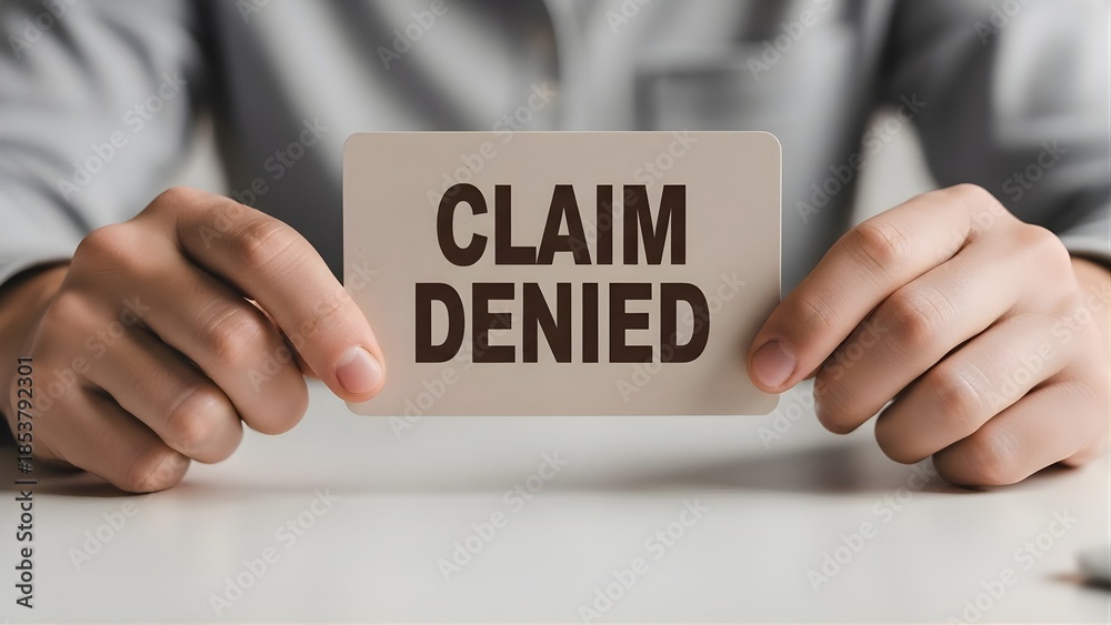 Obraz premium A close-up view of a document held by unseen hands, clearly displaying the phrase 'CLAIM DENIED', emphasizing financial or service refusal
