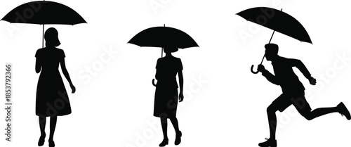 Silhouettes of three people holding umbrellas on white background Keywords: people, silhouette, umbrella, rain, protection