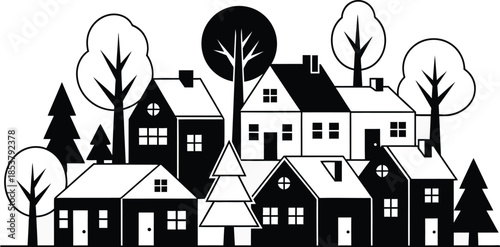 Stylized black and white illustration of a quaint village with trees and houses