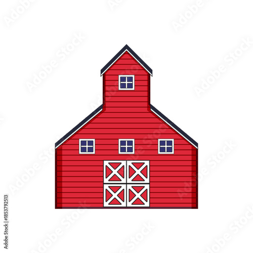 Red farm barn with a dark roof and white details, standing as a classic architectural structure, symbolizing farming, rural living, and agricultural industry