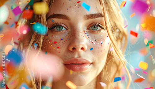 A Starry-Eyed Celebration: A young woman, adorned with shimmering confetti, exudes joy and anticipation as vibrant colors cascade around her.