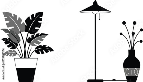 A minimalist scene featuring a floor lamp potted plant and floral arrangement