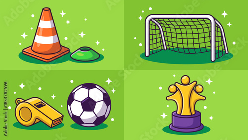 Soccer training equipment and award illustration.