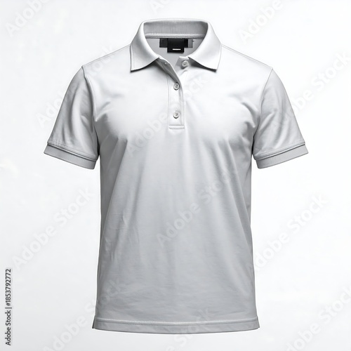 Plain white, short-sleeved polo shirt. It's on a white background, suggesting a product shot. The collar is folded, and there are two buttons