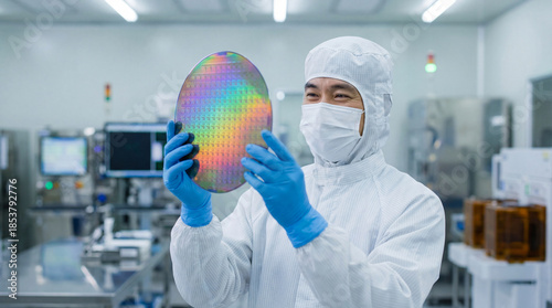 Semiconductor wafer manufacturing cleanroom technology microchip production process for electronics industry computer hardware integrated circuit fabrication quality control inspection 