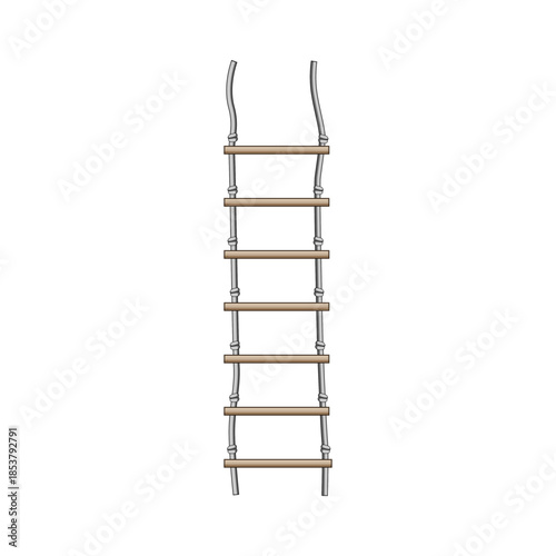 Rope ladder featuring sturdy wooden rungs secured by grey ropes, conceptualizing challenge, escape, access, growth, climbing, adventure, and progress on a white background